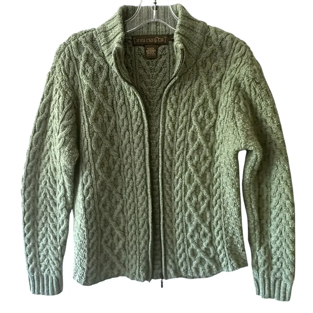 Inis Crafts Full Zip Fishermans Cardigan Womens Large Green Merino Wool Sweater
